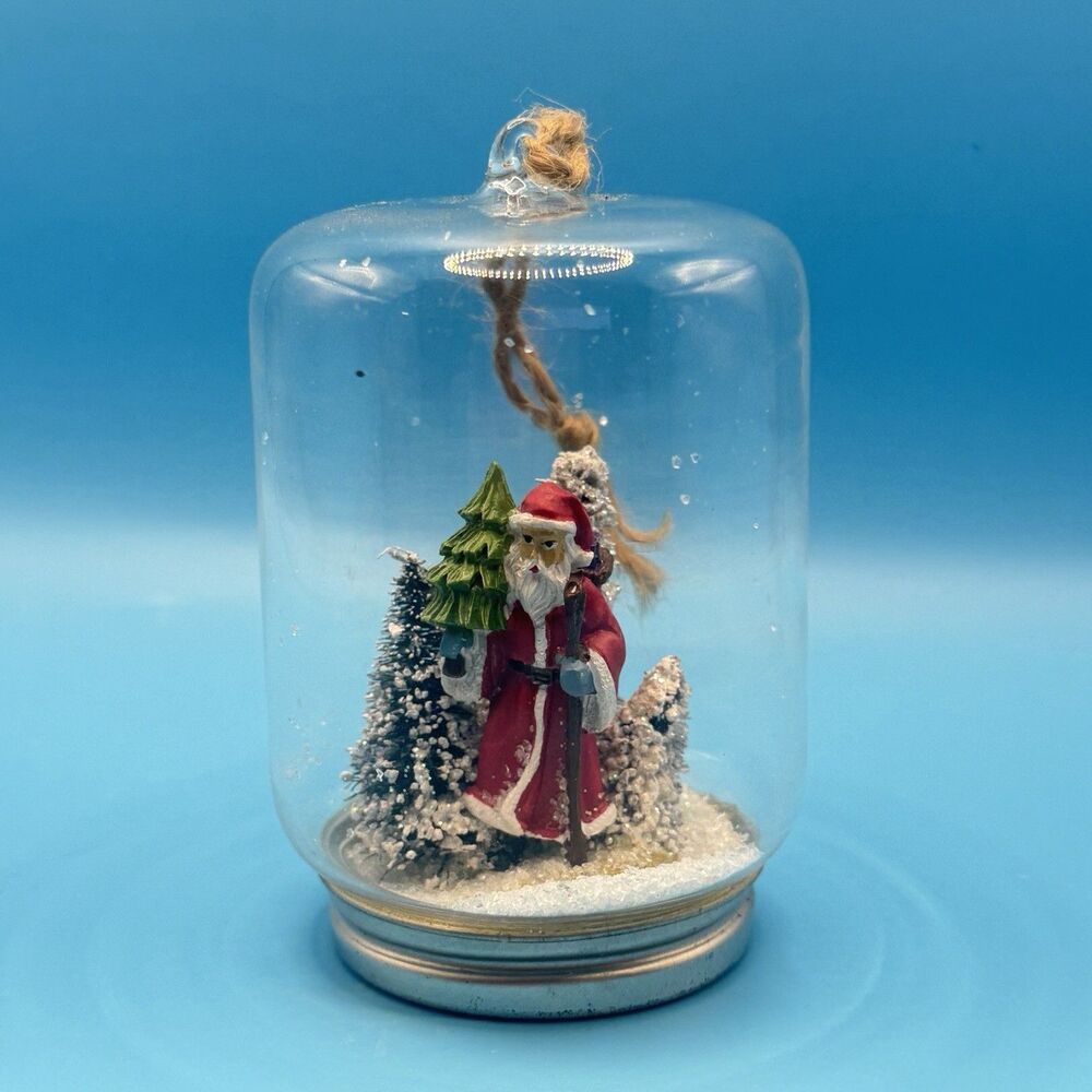 2014 Santa Claus Glass Cloche Christmas Ornament Snowy Trees Diorama 4”